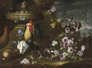 Roosters, Rabbits And Roses Before A Fountain, In A Landscape by Nicola Casissa