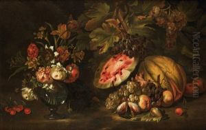 Nature Morte Au Bouquet De Fleurs, Melons Raisins, Figues Et Peches