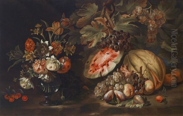 Ein Stillleben Von Moosrosen, Tulpen, Lilien Und Anderen Blumen In Einer Glasvase Neben Wassermelonen, Feigen Und Trauben Auf Einer Tischkante - view 1