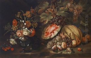 Ein Stillleben Von Moosrosen, Tulpen, Lilien Und Anderen Blumen In Einer Glasvase Neben Wassermelonen, Feigen Und Trauben Auf Einer Tischkante by Nicola Casissa