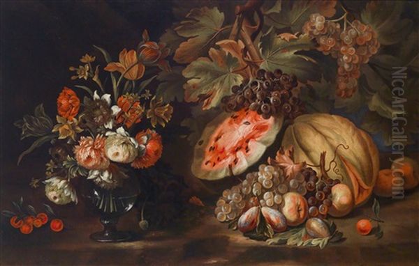 Ein Stillleben Von Blumen In Einer Glasvase Neben Wassermelonen, Feigen Und Trauben Auf Einer Tischkante - view 1