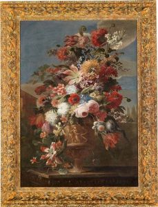 Ein Blumenstillleben In Einer Ornamentalen Vase In Einer Sudlichen Landschaft