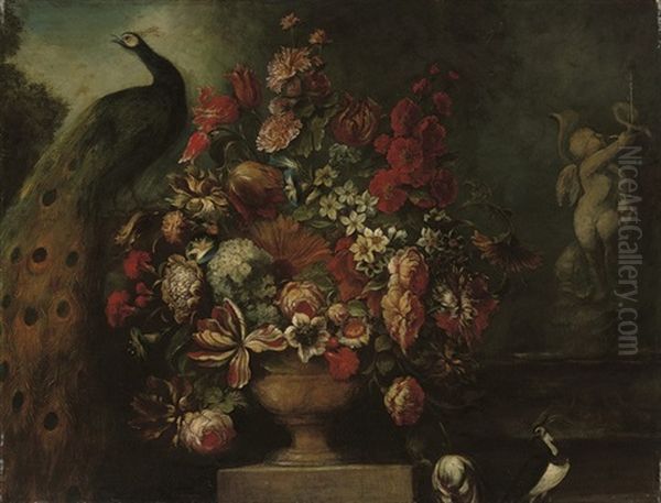 Parrot Tulips, Roses, Narcissi, And Other Flowers In A Landscape - view 1