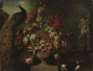 Parrot Tulips, Roses, Narcissi, And Other Flowers In A Landscape by Nicola Casissa