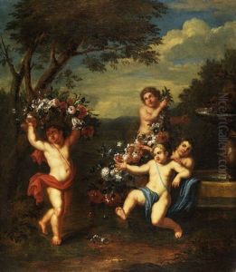 Amoretten Mit Blutenfeston Und Blutenkorb In Landschaft (allegorie Des Fruhlings) by Nicola Casissa
