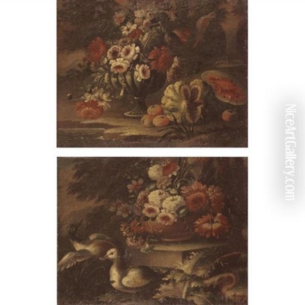 A Still Life With A Vase Of Flowers Together With A Melon, A Watermelon And A Parrot (+ A Still Life With A Vase Of Flowers Together With Two Ducks In A Landscape; Pair) - view 1