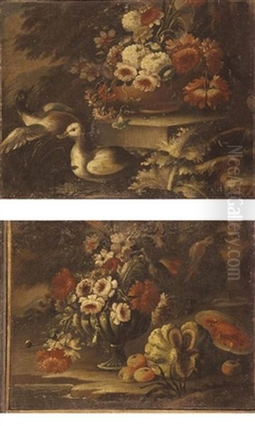 A Still Life With A Vase Of Flowers Together With A Melon, A Watermelon And A Parrot (+ A Still Life With A Vase Of Flowers Together With Two Ducks In A Landscape; Pair) - view 1