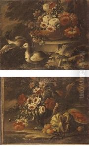 A Still Life With A Vase Of Flowers Together With A Melon, A Watermelon And A Parrot (+ A Still Life With A Vase Of Flowers Together With Two Ducks In A Landscape; Pair)