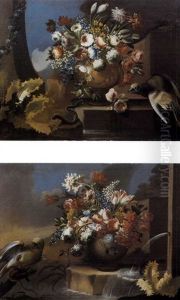 Natura Morta Con Vaso Di Fiori, Una Serpe E Un Pappagallo (2 Works) by Nicola Casissa