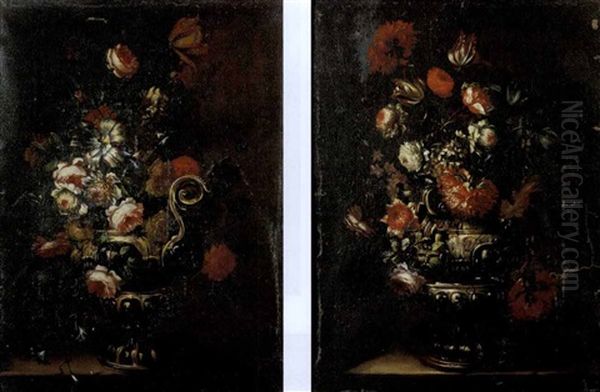 Garofani, Tulipani, Rose E Altri Fiori In Un Vaso Di Metallo Su Un Piano Di Pietra (+ Rose, Garofani, Campanule E Altri Fiori In Un Vaso Di Metallo Su Un Piano Di Pietra; 2 Works) - view 1