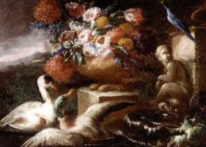 A Still Life With Flowers In A Stone Urn With Ducks by Nicola Casissa
