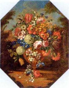 Roses, Carnations, Morning Glory, Narcissi And Other Mixed Flowers In An Urn In A Clearing (+ Tulips, Roses, Narcissi, Wheat And Mixed Flowers In An Urn In A Clearing; Pair) by Nicola Casissa