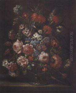 Roses, Chrysanthemums, Carnations, Hyacinths And Other Flowers In A Glass Vase On A Stone Ledge by Nicola Casissa