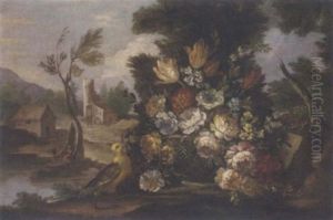 Mixed Flowers In A Basket In A Clearing, A Bird Beside, A Landscape With Figures By A Lake Beyond by Nicola Casissa