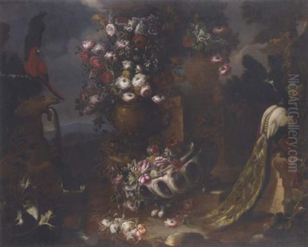 Roses, Carnations, Poppies, Morning Glory, Asters And Other Flowers In Two Urns, A Parrot By A Fountain, A Thistle, A Peacock And A Vine In An Ornamental Garden - view 1