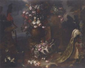 Roses, Carnations, Poppies, Morning Glory, Asters And Other Flowers In Two Urns, A Parrot By A Fountain, A Thistle, A Peacock And A Vine In An Ornamental Garden
