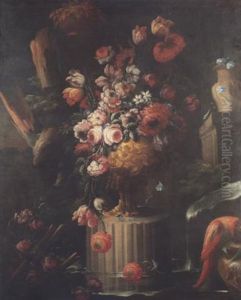 Peonies, Chrysanthemums, Tulips, Narcissi, Morning Glory And Other Flowers In A Sculpted Vase On A Ruined Column, With Roses And A Parrot Before A Waterfall