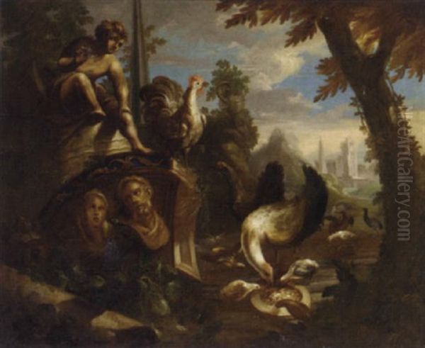 Poultry And Other Birds Feeding Amongst Classical Ruins - view 1