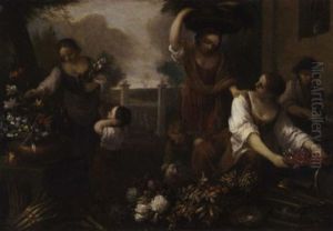 Women And Children Arranging Flowers In The Grounds Of A Building Women And Children Arranging Flowers In The Grounds Of A Building