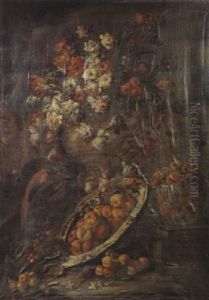 Nature Morte Au Bouquet De Fleurs Et Coupe De Fruits Dans Un Paysage by Nicola Casissa