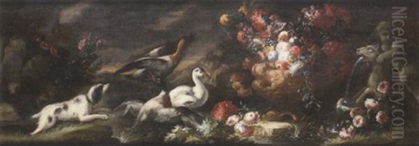 A Spaniel Flushing Duck With Flowers In A Sculpted Urn And A Fountain - view 1