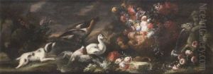 A Spaniel Flushing Duck With Flowers In A Sculpted Urn And A Fountain by Nicola Casissa