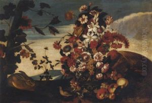 Roses, Carnations And Other Flowers In A Vase, With An Overturned Basket Of Fruit, A Hare And A Bird In A Clearing