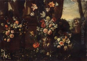 Tulips, Hyacinths, Roses, Daffodils, Morning Glory And Other Flowers In A Sculpted Urn, A Glass Bowl And A Woman Carrying A Basket Of Flowers by Nicola Casissa