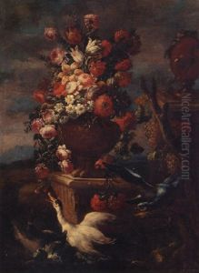 Roses, Carnations, Tulips And Other Flowers In A Sculpted Urn On A Stone Ledge, By A Terracotta Urn With Flower Swags by Nicola Casissa
