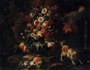 Roses, Peonies, Tulips, And Other Flowers In A Sculpted Urn On A Stone Ledge With A Spaniel, Before A Fountain