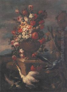 Roses, Carnations, Tulips And Other Flowers In A Sculpted Urn On A Stone Ledge, A Landscape Beyond by Nicola Casissa
