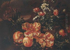 A Still Life Of Pomegranates, With Tulips, Morning Glory And Chrysanthemums In A Stone Pot, In A Landscape Setting by Nicola Casissa