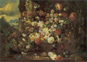 Natura Morta Con Vaso Di Fiori E Cesto Di Frutta by Nicola Casissa