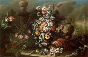 Still Life Of Flowers In A Stone Urn, Within A Classical Garden