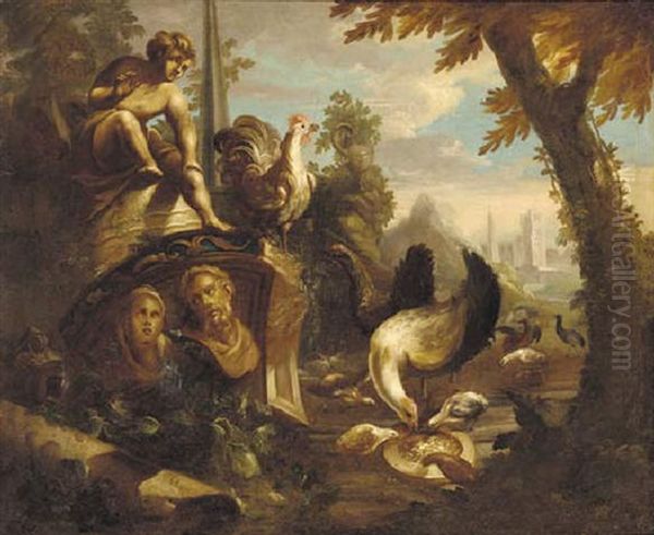 Cockerels, Chicks And Other Birds Feeding Amongst Classical Ruins - view 1
