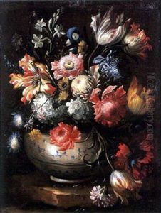 Nature Morte Au Bouquet De Fleurs Dans Un Vase En Faience