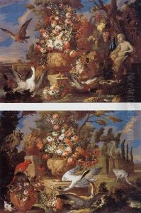 A Still Life Of Flowers In A Sculpted Urn Resting On A Pedestal Near A Fountain, With A Hawk Attacking Ducks