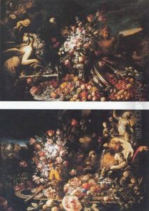 Still Life Of Fruit And Flowers Set Amidst Fountains And Classical Sculpture