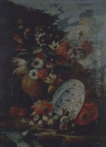 Fichi E Melegrane Intorno Ad Un Piatto Di Maiolica, Un Vaso Con Tulipani, E Altri Fiori En Plein Air