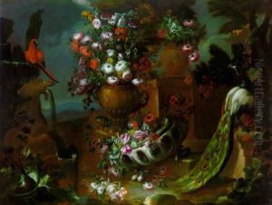Roses, Carnations, Poppies, Morning Glory, Aster And Other Flowers In Two Urns, A Parrot By A Fountain In A Garden
