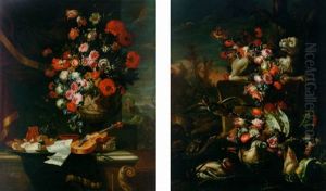 A Sculpted Urn With Mixed Flowers On A Partially Draped Table With A Dish Of Sweetmeats, A Violin And Other Objects