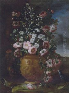 Rose Selvatiche, Gardenie E Gigli Entro Un Vaso Di Terracotta Con Eroti A Rilievo En Plein Air, E Due Uccellini