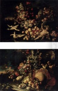 Carnations, Tulips And Other Flowers In A Gilt Bowl With Grapes, Peaches And Other Fruit, Ducks And Putti In A Landscape