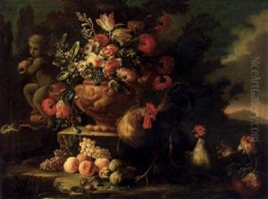 Flowers In A Urn On A Plinth By A Fountain With Chickens And Fruit In A Landscape by Nicola Casissa