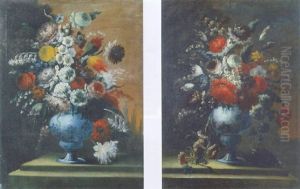 Fiori In Un Vaso A Disegni Blu Su Un Piano Di Pietra En Plein Air by Nicola Casissa