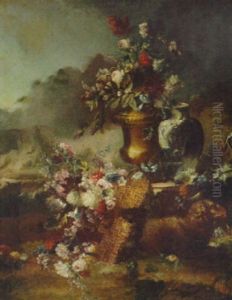 Roses, Carnations, Morning Glory And Other Flowers In An Urn On A Ledge With Other Flowers In A Basket And A Sheep In A Landscape