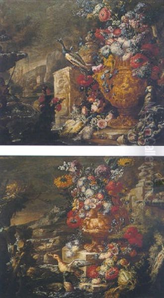 An Ornamental Garden With A Still Life Of Various Flowers In An Ormolu Vase, A Peacock And Macaw Near Some Figs - view 1