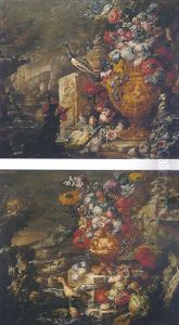 An Ornamental Garden With A Still Life Of Various Flowers In An Ormolu Vase, A Peacock And Macaw Near Some Figs An Ornamental Garden With A Still Life Of Various Flowers In An Ormolu Vase, A Peacock And Macaw Near Some Figs