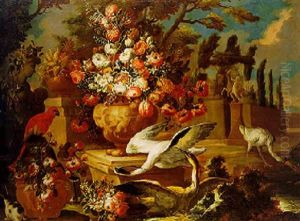 Still Life Of Flowers With Herons, A Parrot And A Rabbit