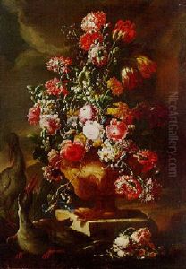 Mixed Flowers In A Sculpted Urn On A Stone Ledge, Waterfowl Nearby